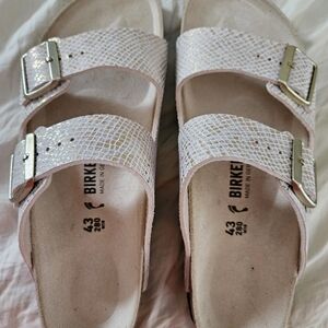 Birkenstock Textured Cream Sandals with Silver Buckles